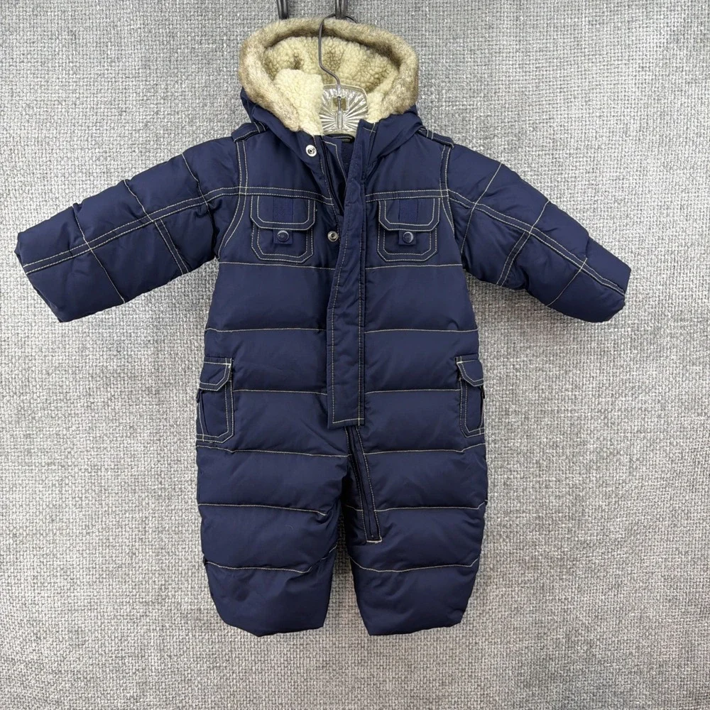 Baby Gap‎ 3-6 Months Down Filled Cargo Pocket Down Faux Fur Hooded Snowsuit Navy